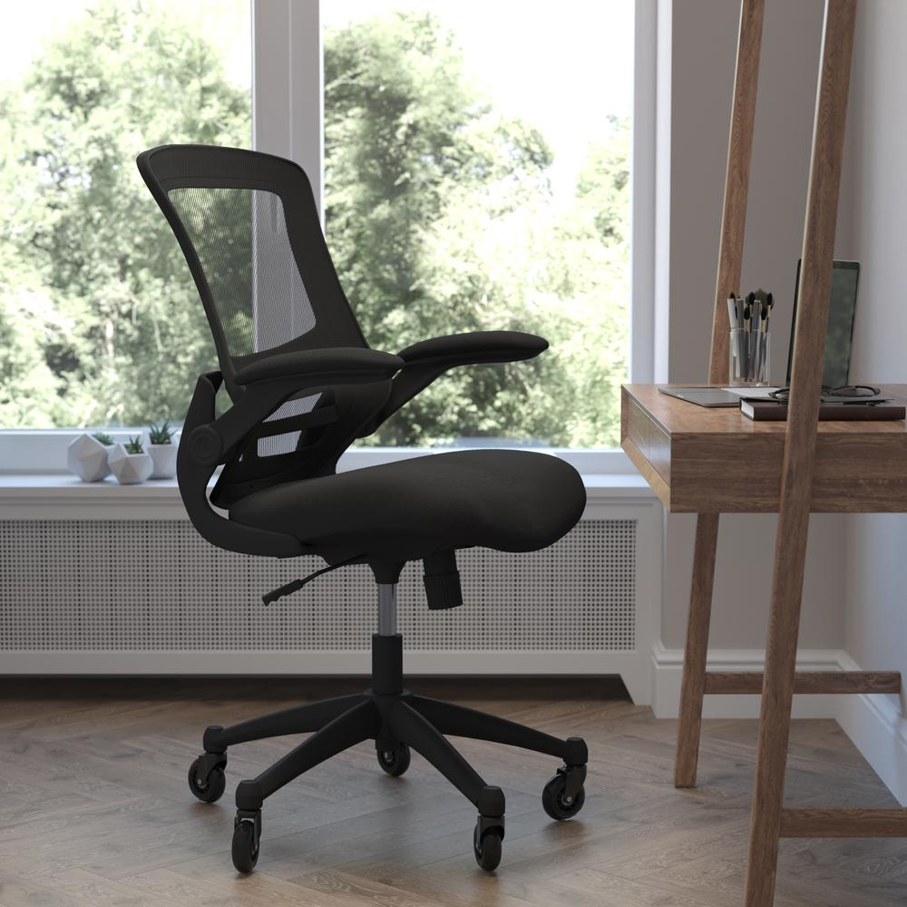 Kelista Mid-Back Black Mesh Swivel Ergonomic Task Office Chair with Flip-Up Arms and Transparent Roller Wheels, BIFMA Certified - WhatYouNeedSales