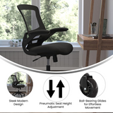 Kelista Mid-Back Black Mesh Swivel Ergonomic Task Office Chair with Flip-Up Arms and Transparent Roller Wheels, BIFMA Certified - WhatYouNeedSales