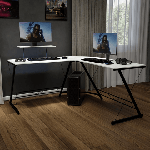 Computer Corner Desk - L-Shaped, 71.5", Space-Saving, Easy to Assemble, White/Black - PinnacleWorkspace - WhatYouNeedSales