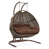 LeisureMod Wicker Hanging Double Egg Swing Chair Dark Brown