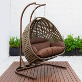 LeisureMod Wicker Hanging Double Egg Swing Chair Dark Brown