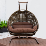 LeisureMod Wicker Hanging Double Egg Swing Chair Dark Brown