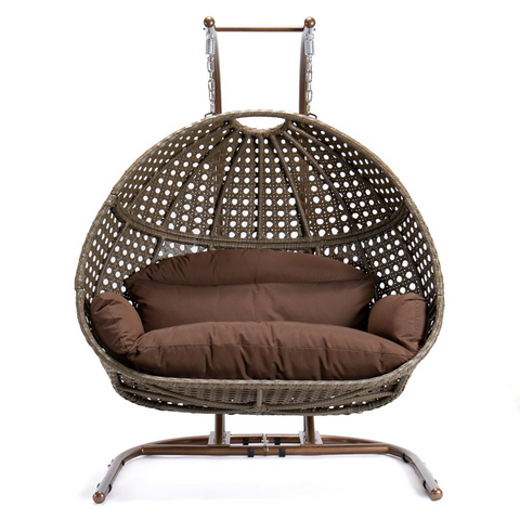 LeisureMod Wicker Hanging Double Egg Swing Chair Dark Brown