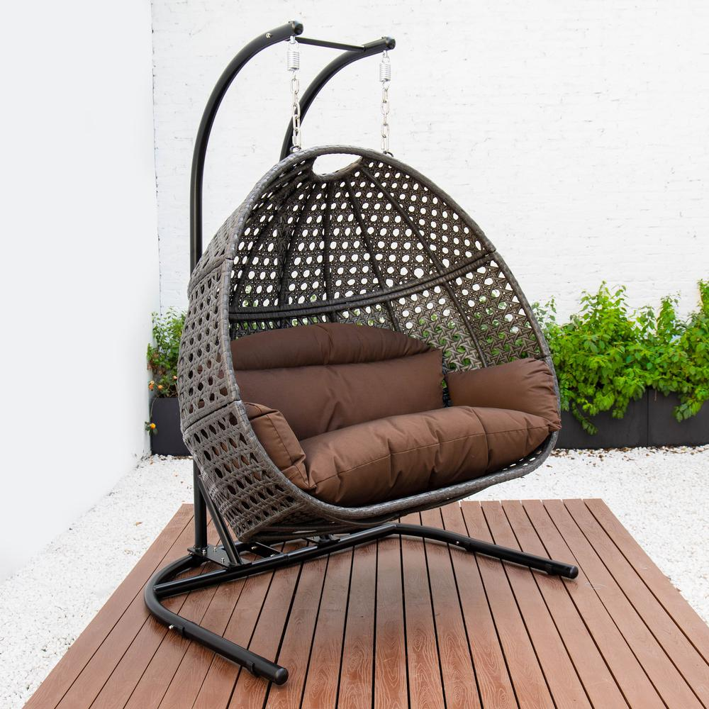 LeisureMod Wicker Hanging Double Egg Swing Chair in Dark