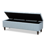 Light Blue Fabric Upholstered Dark Brown Finished Wood Storage Bench Ottoman - WhatYouNeedSales