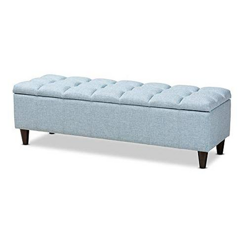 Light Blue Fabric Upholstered Dark Brown Finished Wood Storage Bench Ottoman - WhatYouNeedSales