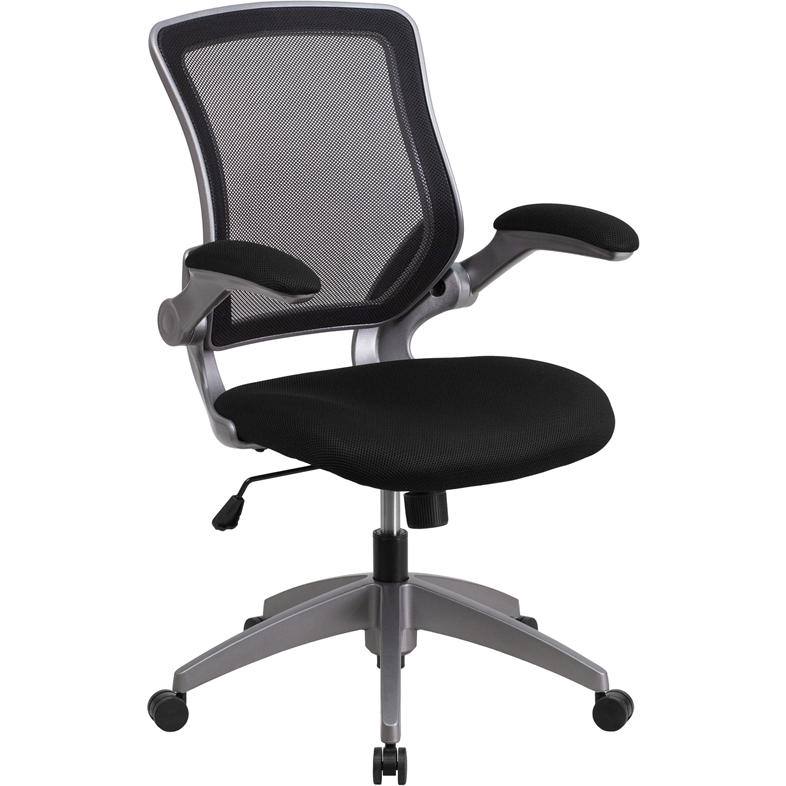 Mid-Back Black Mesh Swivel Ergonomic Task Office Chair with Gray Frame and Flip-Up Arms - WhatYouNeedSales