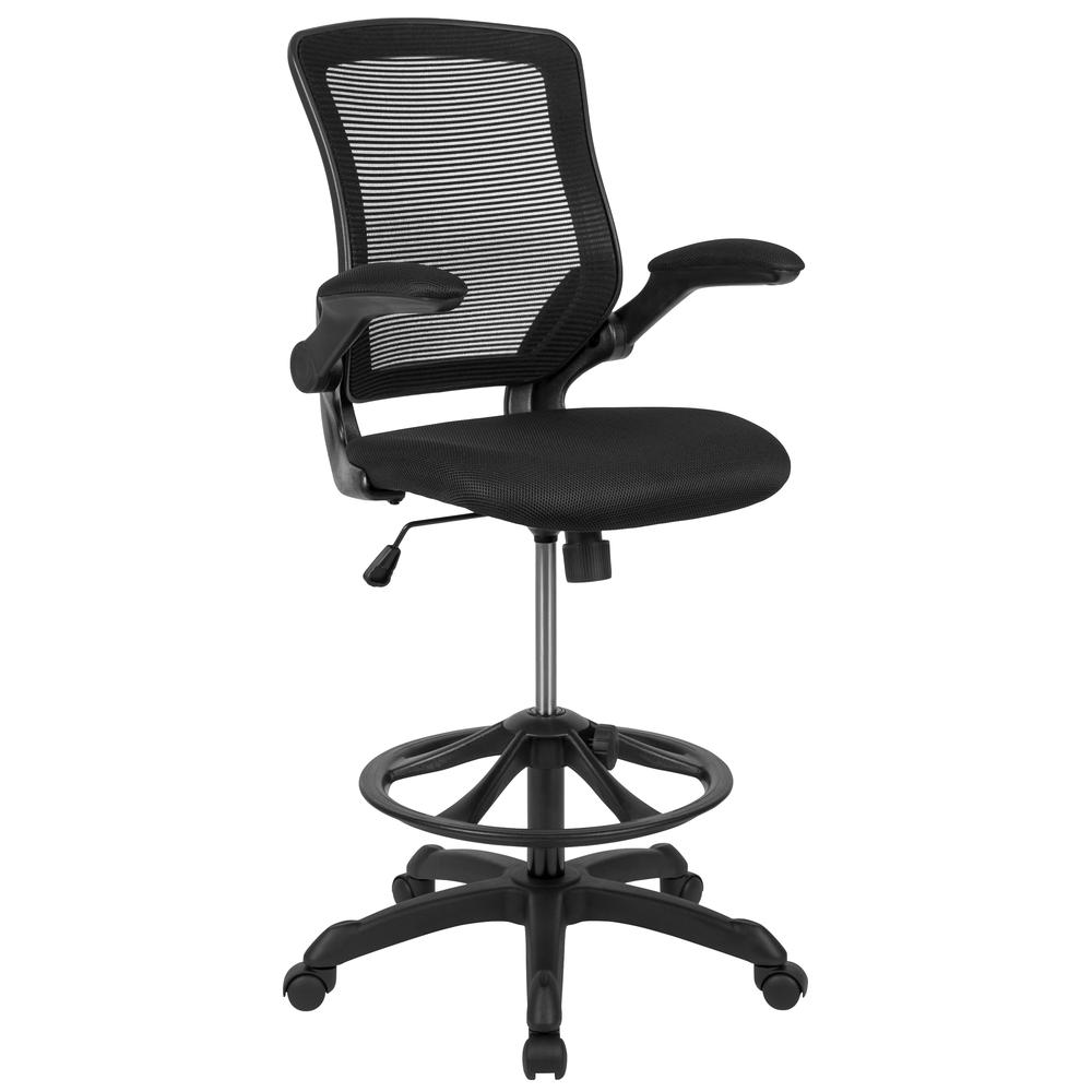 MidBack Black Mesh Ergonomic Drafting Chair with Adjustable Foot Ring and Flip-Up Arms - WhatYouNeedSales