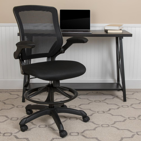 MidBack Black Mesh Ergonomic Drafting Chair with Adjustable Foot Ring and Flip-Up Arms - WhatYouNeedSales