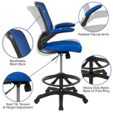 MidBack Blue Mesh Ergonomic Drafting Chair with Adjustable Foot Ring and Flip-Up Arms - WhatYouNeedSales