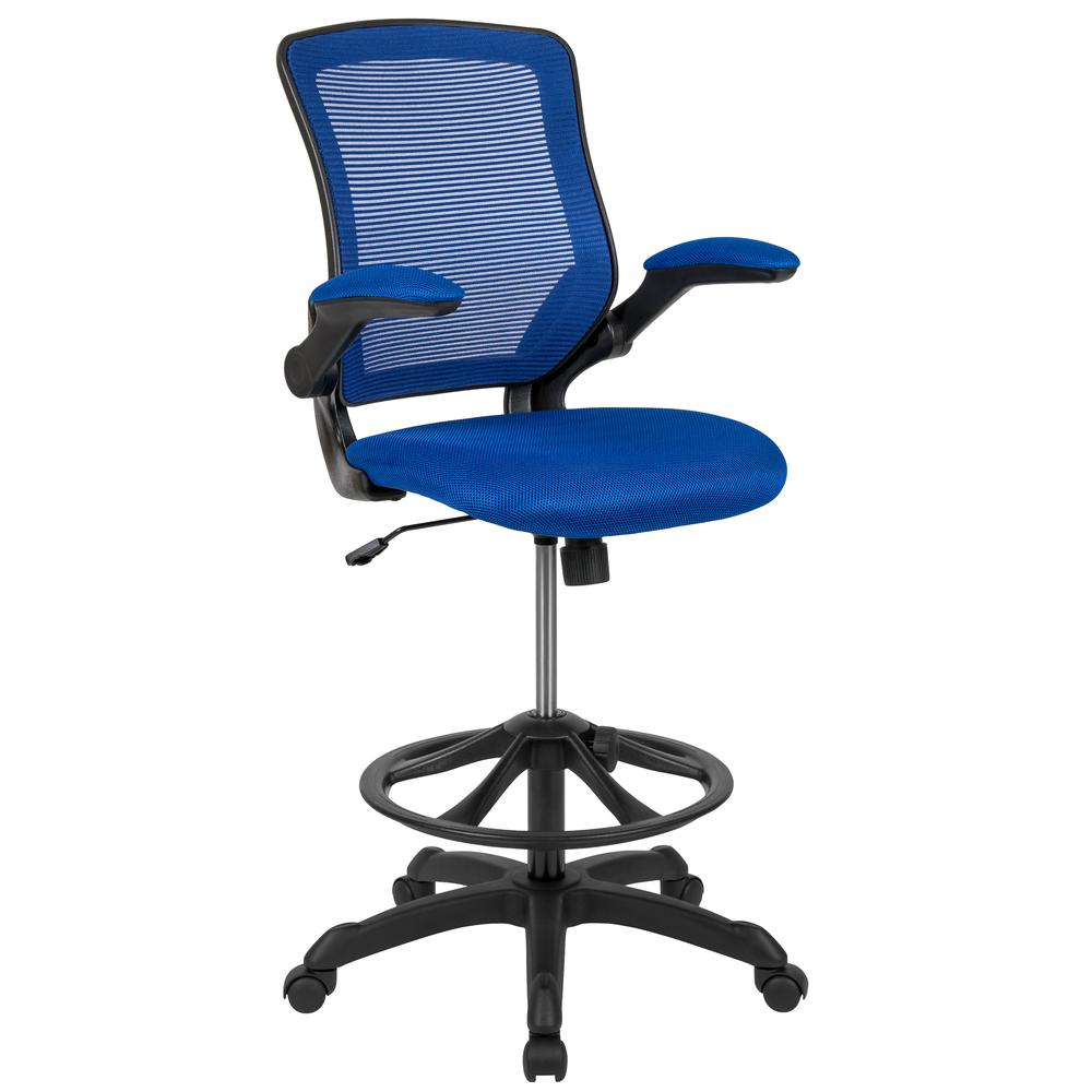 MidBack Blue Mesh Ergonomic Drafting Chair with Adjustable Foot Ring and Flip-Up Arms - WhatYouNeedSales