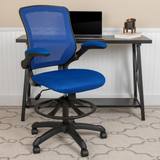 MidBack Blue Mesh Ergonomic Drafting Chair with Adjustable Foot Ring and Flip-Up Arms - WhatYouNeedSales