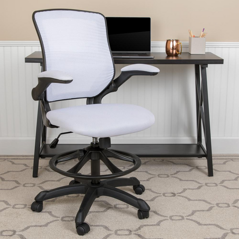 MidBack White Mesh Ergonomic Drafting Chair with Adjustable Foot Ring and Flip-Up Arms - WhatYouNeedSales