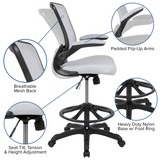 MidBack White Mesh Ergonomic Drafting Chair with Adjustable Foot Ring and Flip-Up Arms - WhatYouNeedSales