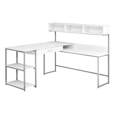 Corner Computer Desk in White with Silver Metal Accents - Ember Workspace - WhatYouNeedSales