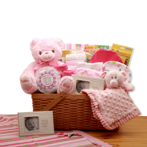 My First Teddy Bear New Baby Gift Basket - Pink - baby bath set -  baby girl gifts - new baby gift basket - baby gift baskets - baby shower gifts - WhatYouNeedSales