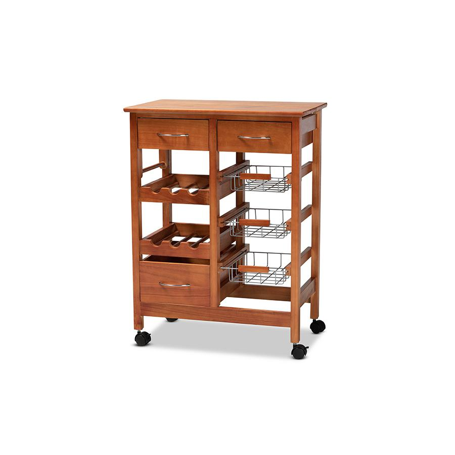 Oak Brown Finished Wood and Silver-Tone Metal Mobile Kitchen Storage Cart - WhatYouNeedSales