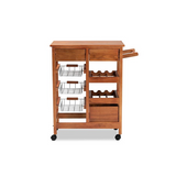 Oak Brown Finished Wood and Silver-Tone Metal Mobile Kitchen Storage Cart - WhatYouNeedSales