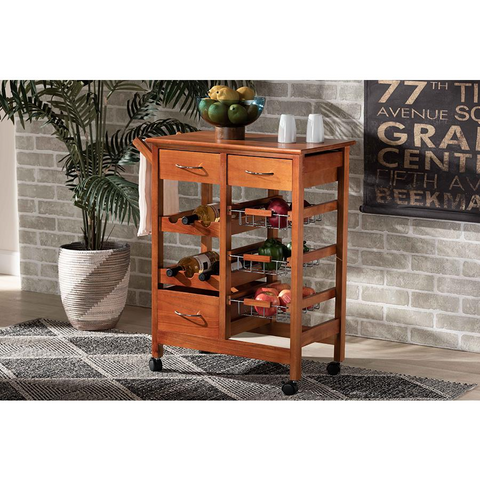 Oak Brown Finished Wood and Silver-Tone Metal Mobile Kitchen Storage Cart - WhatYouNeedSales