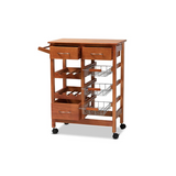 Oak Brown Finished Wood and Silver-Tone Metal Mobile Kitchen Storage Cart - WhatYouNeedSales