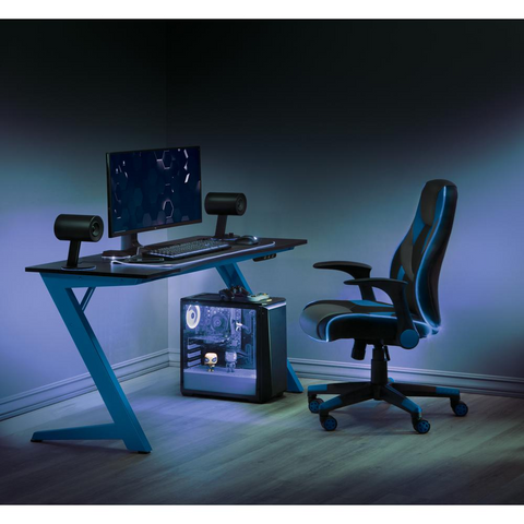 Output Gaming Chair in Black Faux Leather with Blue Trim and Accents with Controllable RGB LED Light piping., OUT25-BLU - WhatYouNeedSales