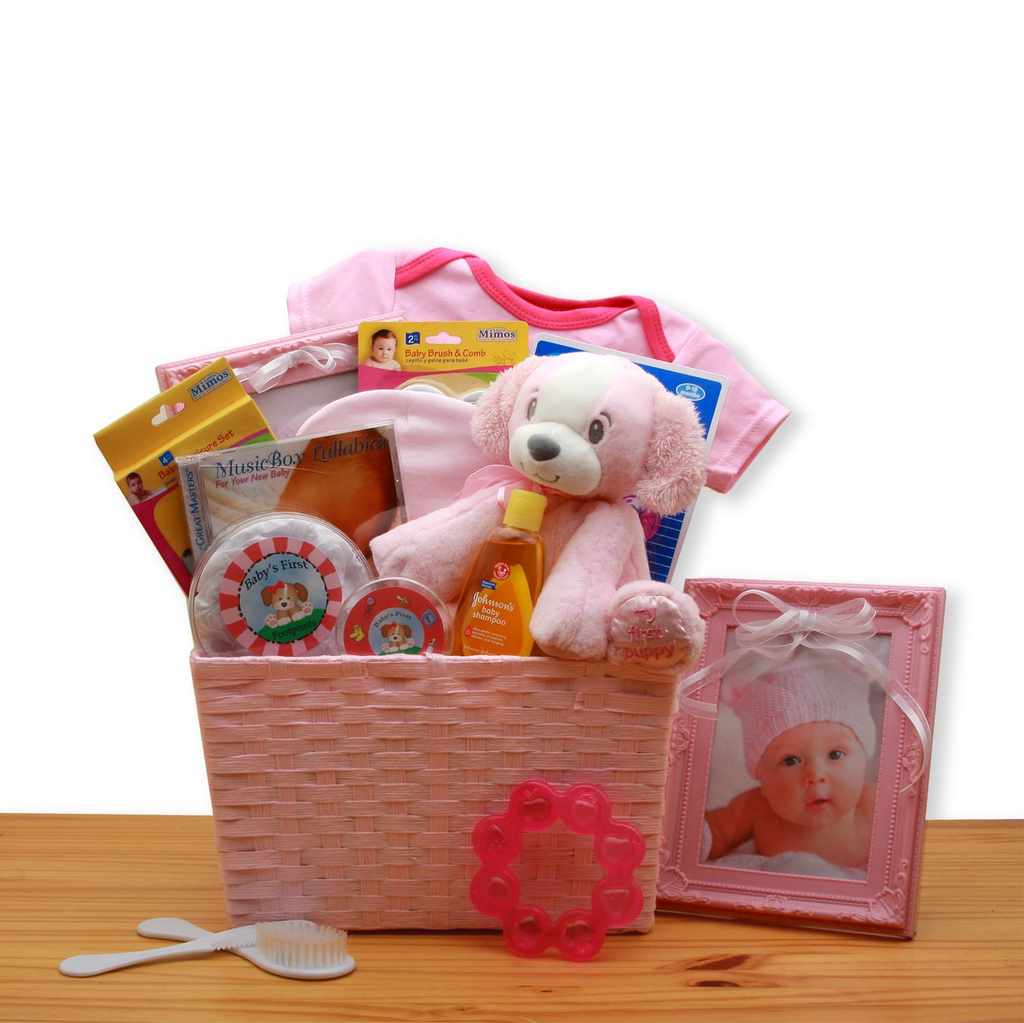 Puppy Love New Baby Gift Basket - Pink - baby bath set -  baby girl gifts - new baby gift basket - baby gift baskets - baby shower gifts - WhatYouNeedSales