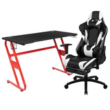 Red Gaming Desk and Black Footrest Reclining Gaming Chair Set with Cup Holder and Headphone Hook - WhatYouNeedSales