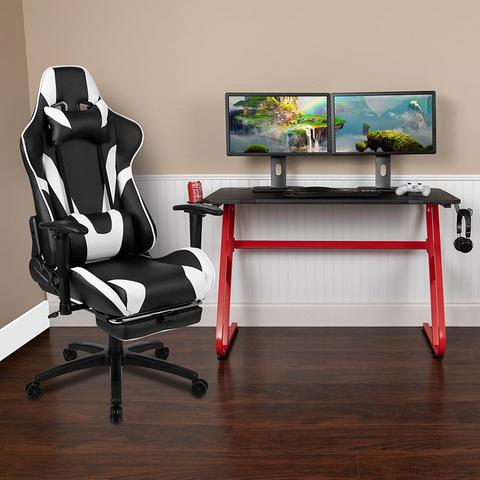 Red Gaming Desk and Black Footrest Reclining Gaming Chair Set with Cup Holder and Headphone Hook - WhatYouNeedSales