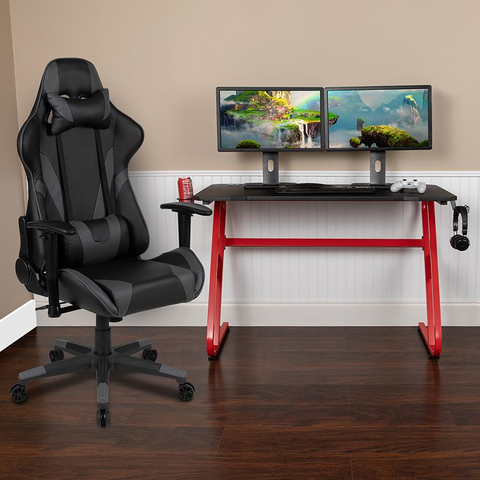 Red Gaming Desk and Gray Reclining Gaming Chair Set with Cup Holder and Headphone Hook - WhatYouNeedSales