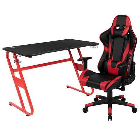 Red Gaming Desk and Red/Black Reclining Gaming Chair Set with Cup Holder and Headphone Hook - WhatYouNeedSales