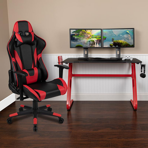 Red Gaming Desk and Red/Black Reclining Gaming Chair Set with Cup Holder and Headphone Hook - WhatYouNeedSales