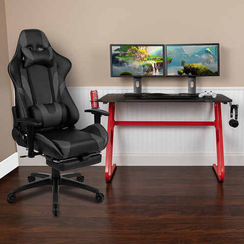 Red Gaming Desk with Cup Holder/Headphone Hook & Gray Reclining Gaming Chair with Footrest - WhatYouNeedSales