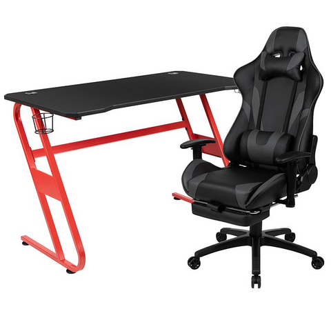 Red Gaming Desk with Cup Holder/Headphone Hook & Gray Reclining Gaming Chair with Footrest - WhatYouNeedSales