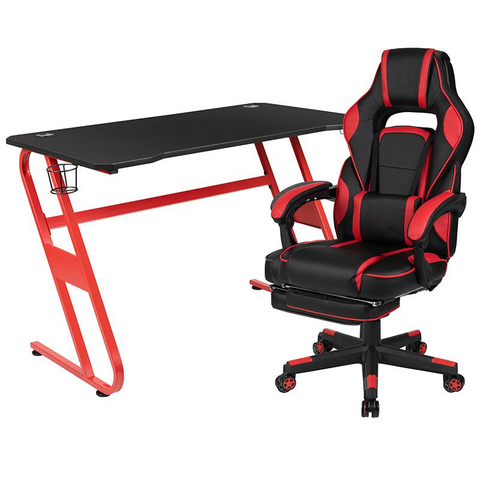 Red Gaming Desk with Cup Holder/Headphone Hook & Red Reclining Back/Arms Gaming Chair with Footrest - WhatYouNeedSales