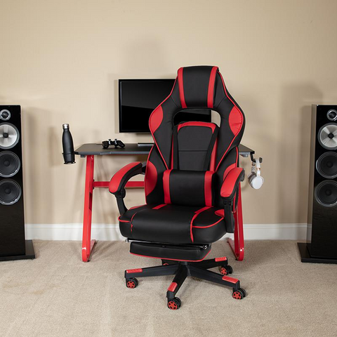 Red Gaming Desk with Cup Holder/Headphone Hook & Red Reclining Back/Arms Gaming Chair with Footrest - WhatYouNeedSales