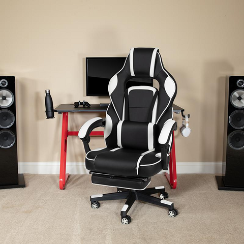 Red Gaming Desk with Cup Holder/Headphone Hook & White Reclining Back/Arms Gaming Chair with Footrest - WhatYouNeedSales