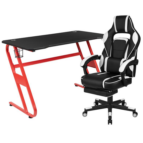 Red Gaming Desk with Cup Holder/Headphone Hook & White Reclining Back/Arms Gaming Chair with Footrest - WhatYouNeedSales