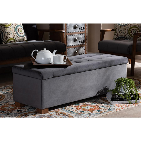 Roanoke Grey Velvet Fabric Upholstered Grid-Tufted Storage Ottoman Bench - WhatYouNeedSales