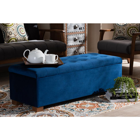 Roanoke Navy Blue Velvet Fabric Upholstered Grid-Tufted Storage Ottoman Bench - WhatYouNeedSales