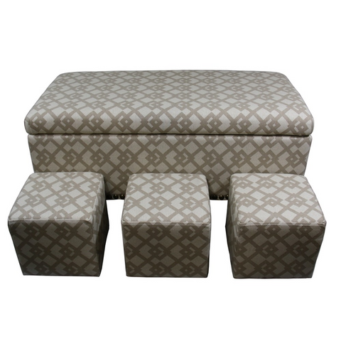 "Taupe Geometric Storage Bench with Ottomans Four Piece Set" - WhatYouNeedSales