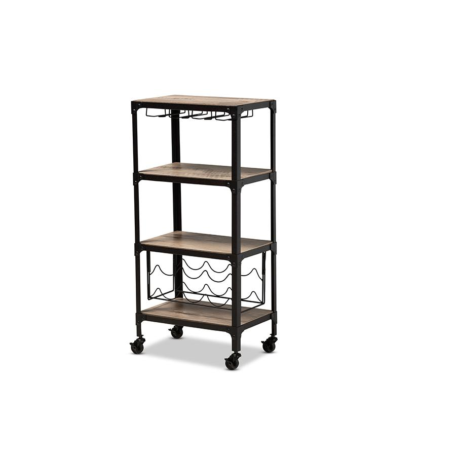 Textured Metal Distressed Oak Finished Wood Mobile Kitchen Bar Wine Cart - WhatYouNeedSales