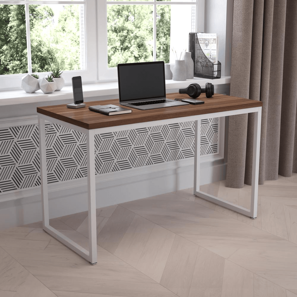 Tiverton Industrial Commercial Grade Computer Desk for Office Use in Walnut/White - Ember Workspace - WhatYouNeedSales