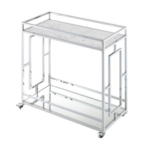 Town Square Chrome Faux Marble Mirrored Bar Cart with Shelf - WhatYouNeedSales