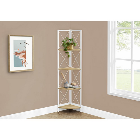 BOOKCASE - 60"H / NATURAL / WHITE METAL CORNER ETAGERE - WhatYouNeedSales