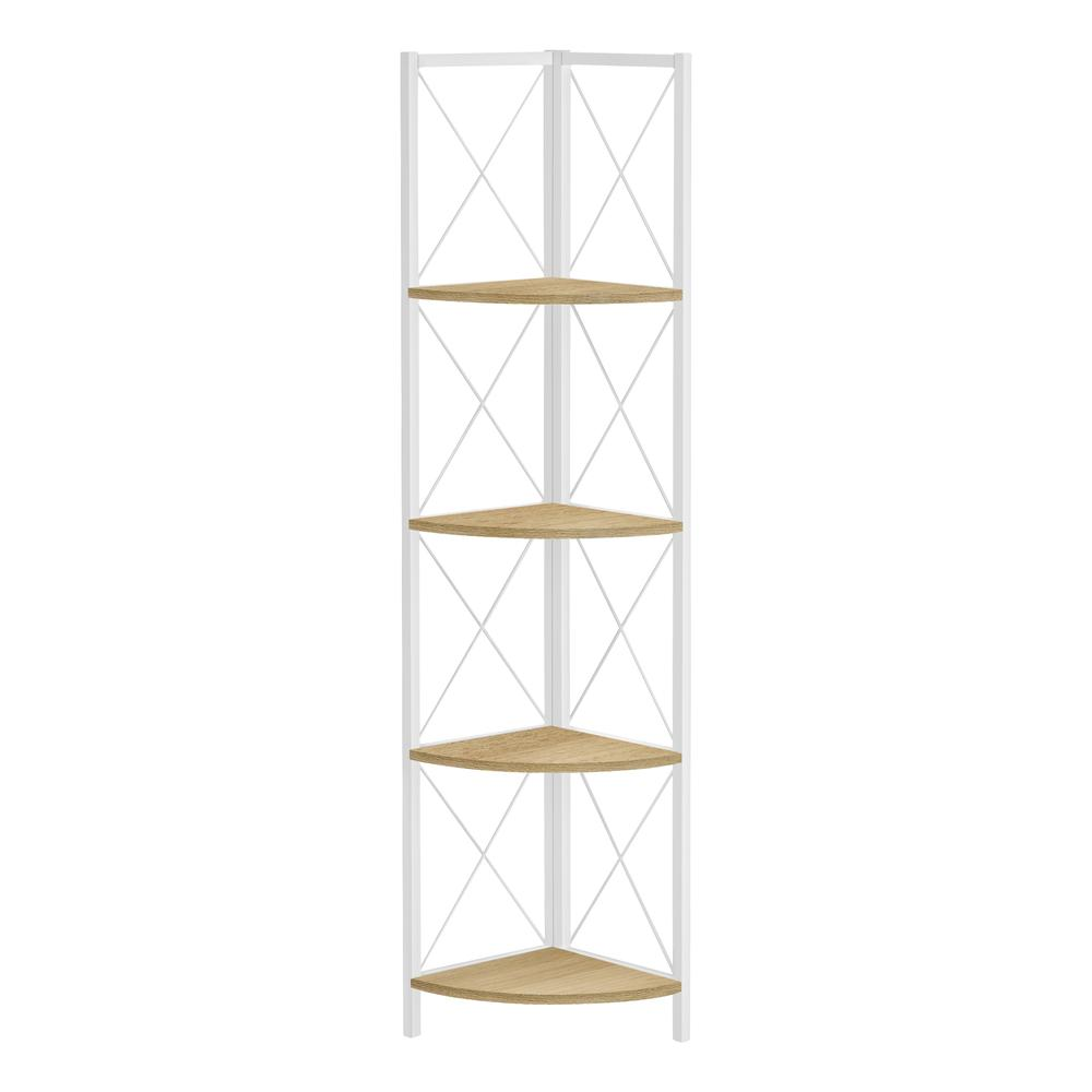 BOOKCASE - 60"H / NATURAL / WHITE METAL CORNER ETAGERE - WhatYouNeedSales