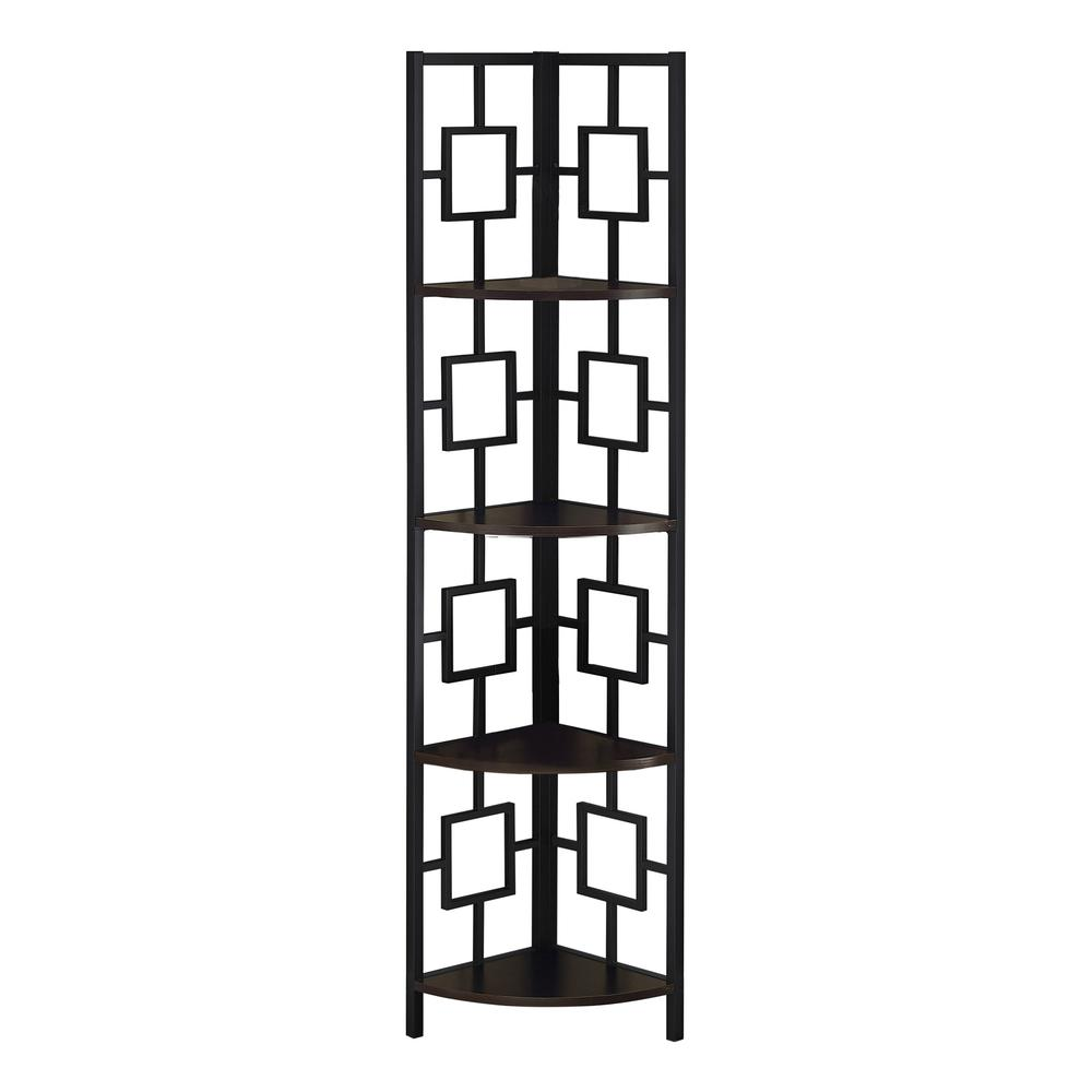 BOOKCASE - 62"H / ESPRESSO / BLACK METAL CORNER ETAGERE - WhatYouNeedSales