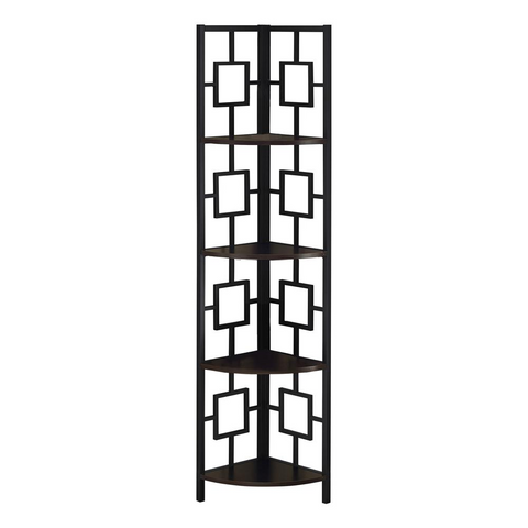 BOOKCASE - 62"H / ESPRESSO / BLACK METAL CORNER ETAGERE - WhatYouNeedSales