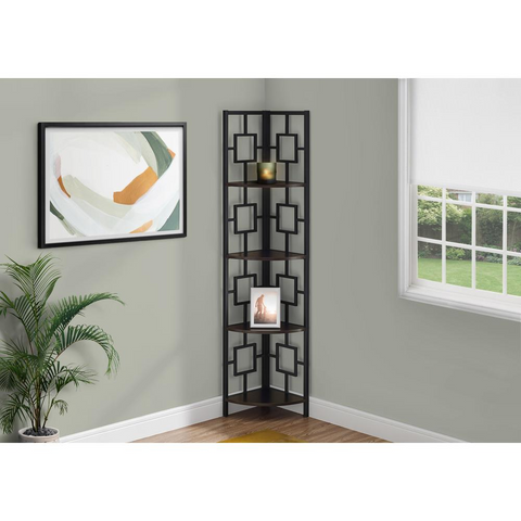 BOOKCASE - 62"H / ESPRESSO / BLACK METAL CORNER ETAGERE - WhatYouNeedSales