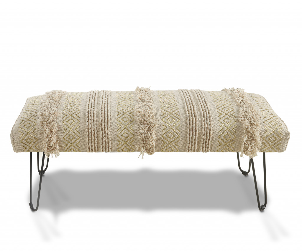 "47"" Ivory And Gold Geometric Black Leg Upholstered Bench" - WhatYouNeedSales