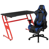 Red Gaming Desk with Cup Holder/Headphone Hook & Blue Reclining Gaming Chair with Footrest - WhatYouNeedSales